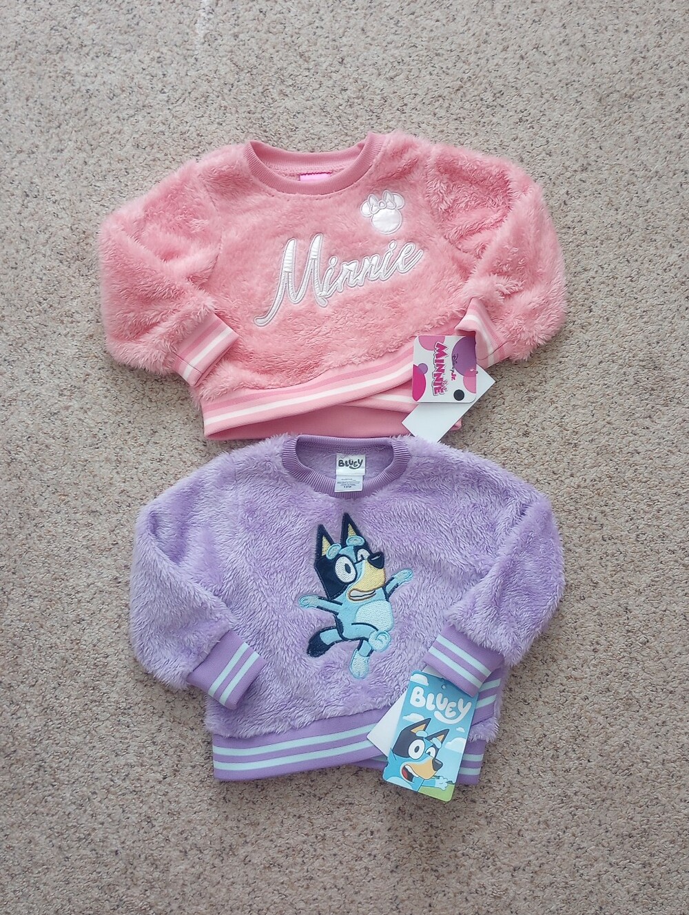Pink Minnie Mouse And Bluey Purple Sweaters